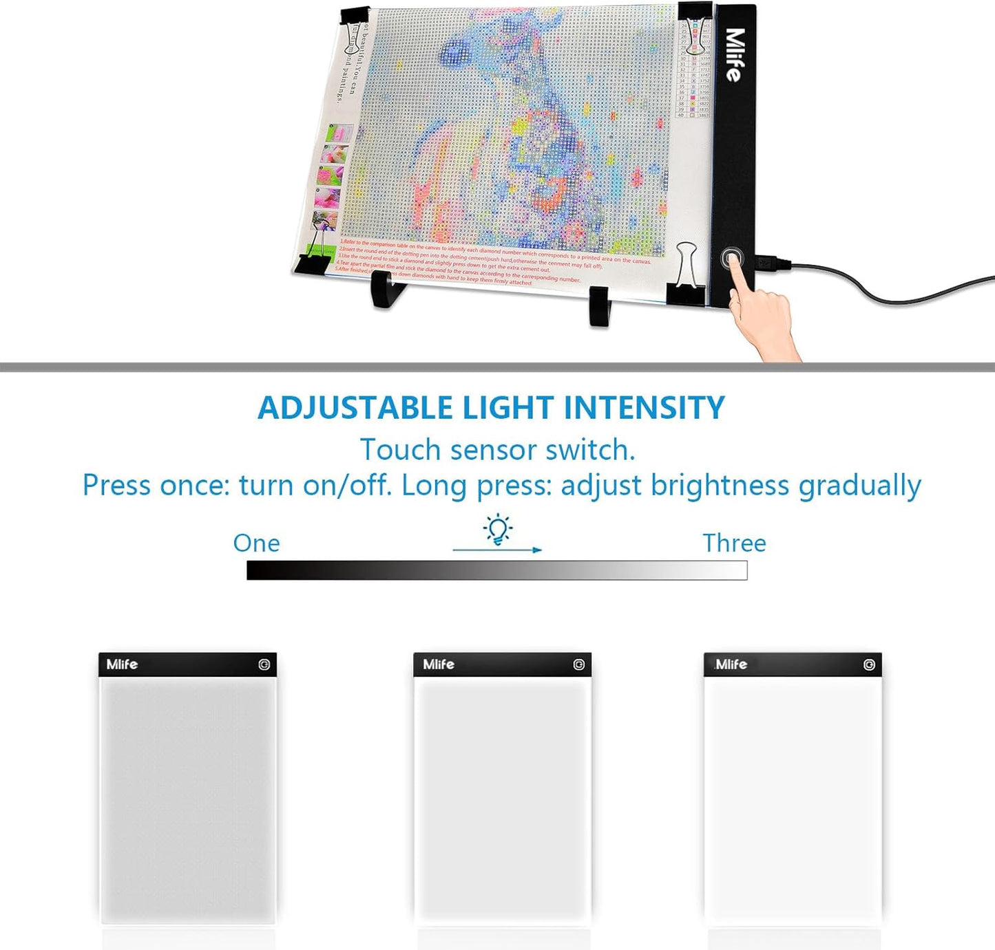 Mlife A2 LED Light Pad for Diamond Painting Kits, Diamond Art Light Board, USB Powered Tracing Light Board Diamond Art Accessories for Drawing, Sketching, Animation with Stand & 4 Fasten Clips