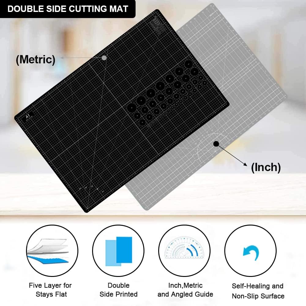 HEADLEY TOOLS 18" x 24" Thickened Self Healing Cutting Mat, A2 Rotary Cutting Sewing Mat for Crafts, Double Sided 5-Ply Table Cutting Board for Fabric Quilting Leather Arts Hobby Project, Grey/Black