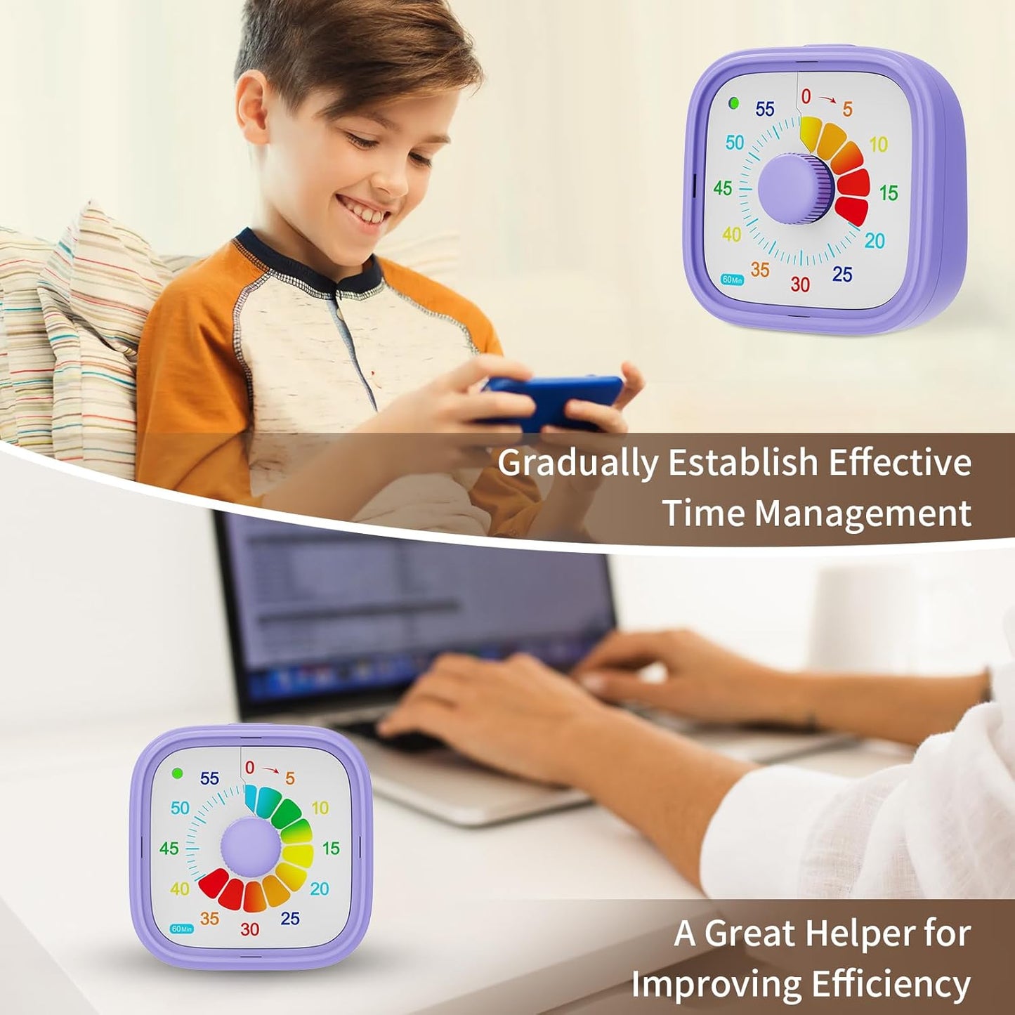 Visual Timer, Pomodoro Timers for Kids Adults, 60-Minute Countdown Desk Timer for Productivity, Silent ADHD Timer for Kids Toddlers, Kitchen for Cooking