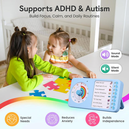 2-in-1 Visual Timer with Task Board for ADHD & Autism, Dry Erase Chore Chart and Visual Schedule for Kids & Adults, Rainbow Countdown Timer for Classroom, Home, Homeschool (White)