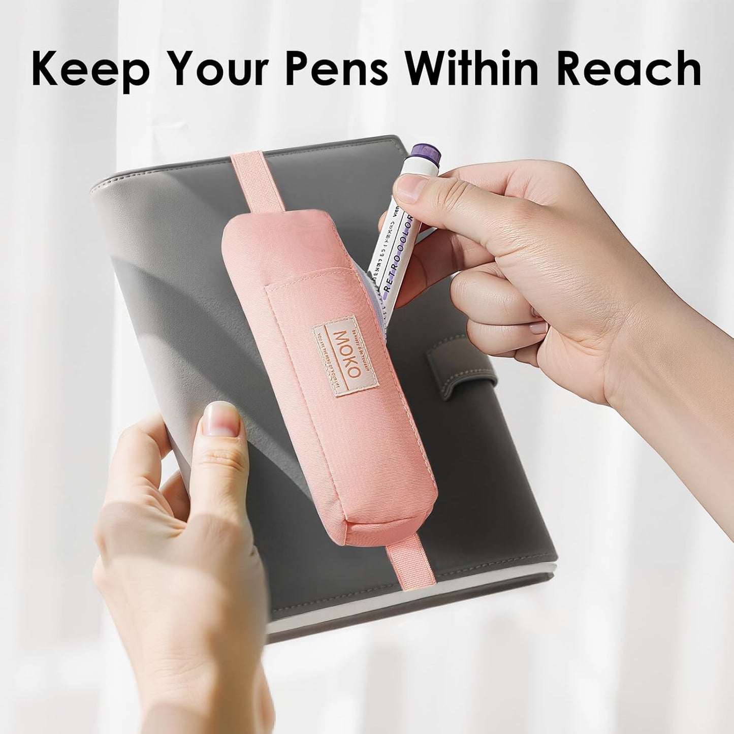 MoKo Pen Holder for Notebook, Pencil Pouch with Adjustable Elastic Band, Slim Portable Zipper Pen Pouch Holder for Planners, Journals, Book, Pink