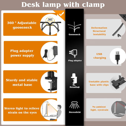 AKRRYR LED Desk Lamp for Home Office, Double Head 24W with Base, Architect Light 5 Lighting Brightness Flexible Gooseneck Table Reading Study, Black