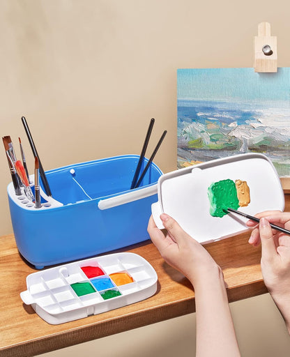 GAMENOTE Paint Brush Cleaner - Paint Brush Holder with Palette and Handle,Rinser for Acrylic, Watercolor, and Water-Based Paints, Painting Art Supply Storage Organizer (White+Grey)