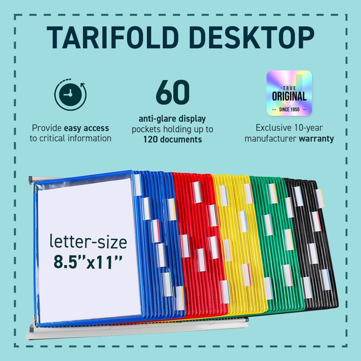 Tarifold Desktop Reference Organizer & Display System, 10 Double-Sided Pockets, 20 Sheet Capacity, Expandable, Durable Steel Wire Frames, Letter Size, Made in France, Black