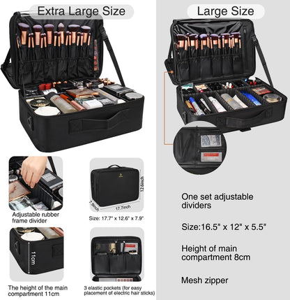 Relavel Makeup Case Large Makeup Bag Professional Train Case 16.5 inches Travel Cosmetic Organizer Brush Holder Waterproof Makeup Artist Storage Box, 3 Layer Large Capacity, with Adjustable Strap