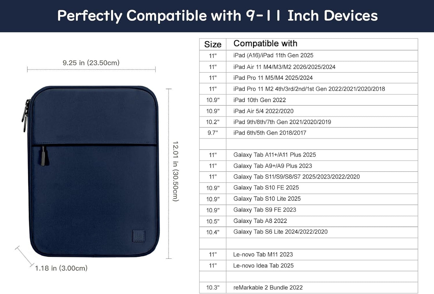 Dadanism 9-11 Inch Tablet Sleeve Padded Carrying Case for iPad (A16) 11th Gen 11", iPad 10th Gen 10.9", iPad Air M4/Pro M5 11", iPad Air 5/4, iPad 9/8/7th Gen, Galaxy Tab A11+ Plus 11", Blue