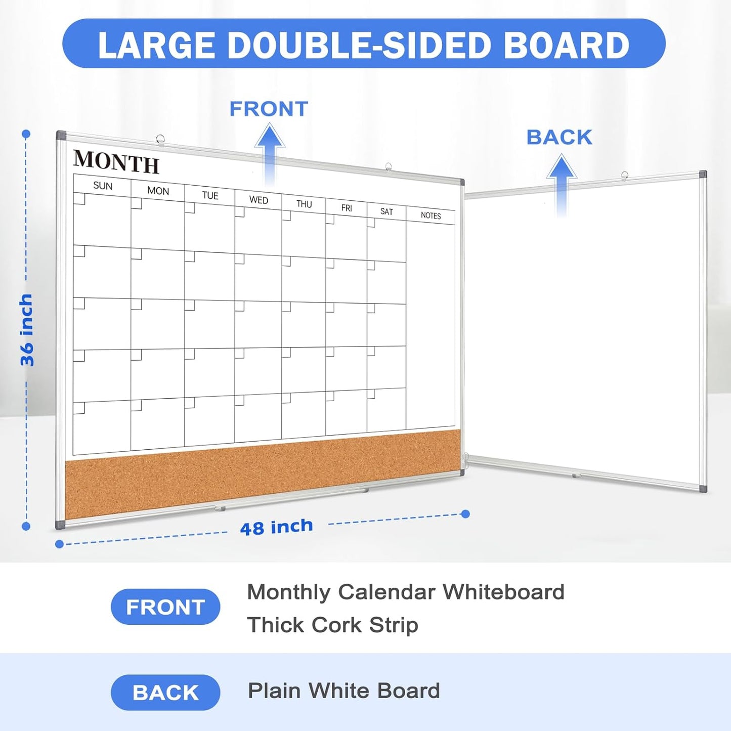 Weekly Dry Erase Calendar Whiteboard for Wall, 24" x 18" Double-Sided Weekly Planner White Board Cork Combo, Hanging & Wall Mount Week Bulletin Board with Notes for Home, Office, School, Kitchen
