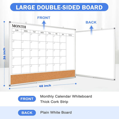 Weekly Dry Erase Calendar Whiteboard for Wall, 24" x 18" Double-Sided Weekly Planner White Board Cork Combo, Hanging & Wall Mount Week Bulletin Board with Notes for Home, Office, School, Kitchen