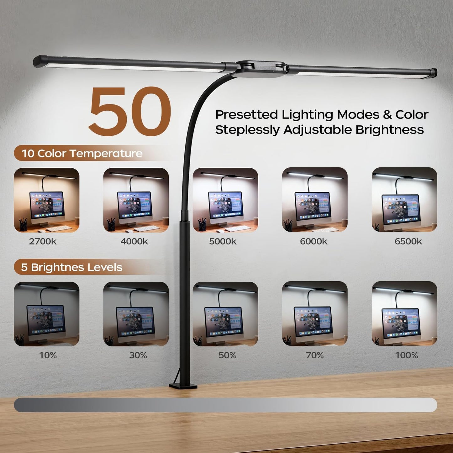 LED Desk Lamp with Clamp, Double Head Adjustable Architect Light, Eye-Caring Monitor Desk Lamp for Home Office, Flexible Gooseneck Task Lamp with 10 Brightness Levels & 5 Color Temperature Modes Black