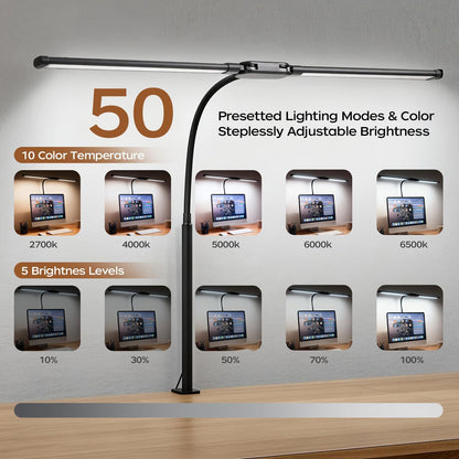 LED Desk Lamp with Clamp, Double Head Adjustable Architect Light, Eye-Caring Monitor Desk Lamp for Home Office, Flexible Gooseneck Task Lamp with 10 Brightness Levels & 5 Color Temperature Modes Black
