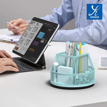 YINGHUA Metal Mesh Desk Organizer with 5 Compartments and Rotating Pencil Holder Pen and Stationery Organizer for Office Home School Anti Slip Base Black