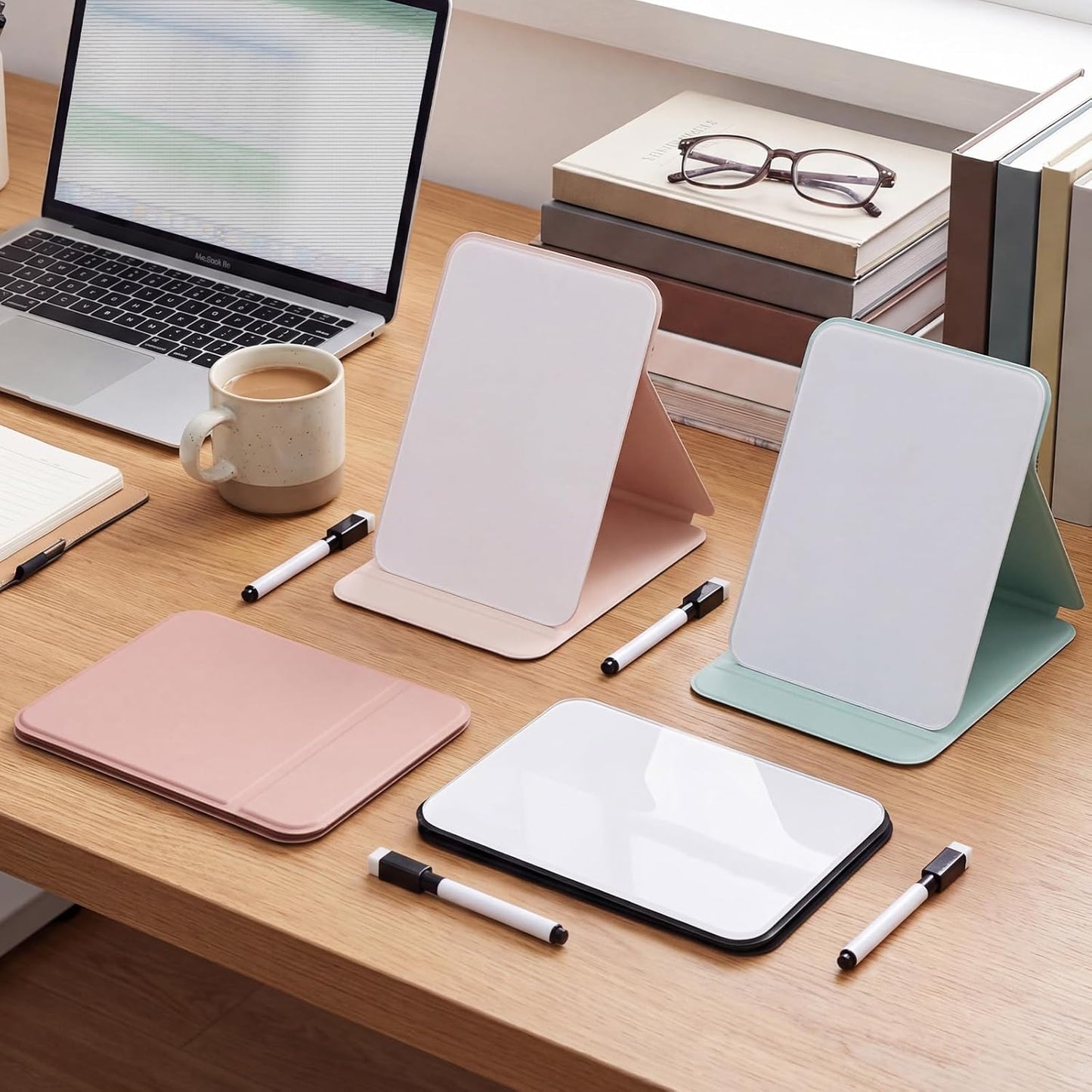 Dunzoom 2 Sets 4 Pcs Small Glass Desktop Whiteboard with Reversable Stand 8x6 Inch Mini Dry Erase White Board Easel with 2 Markers Reusable Desk Notepad for Home Office School Supplies (Pink,Green)