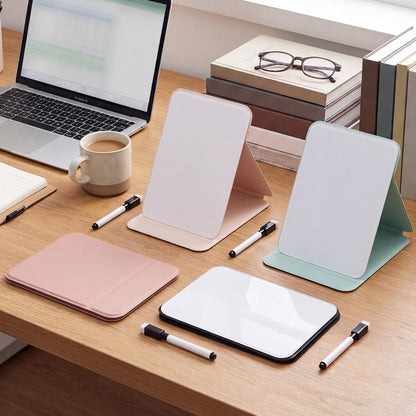 Dunzoom 2 Sets 4 Pcs Small Glass Desktop Whiteboard with Reversable Stand 8x6 Inch Mini Dry Erase White Board Easel with 2 Markers Reusable Desk Notepad for Home Office School Supplies (Pink,Green)