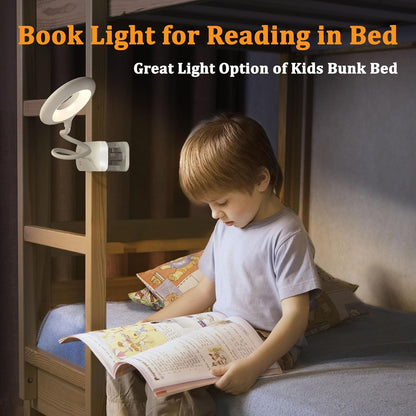 Clip on Light Rechargeable with Large Clamp, Battery Operated Bed Headboard Reading Lamp - 5 Colors 5 Brightness, Flexible Arm Book Light at Night for Kids Desk Bunk Metal Bed Frame (Black)