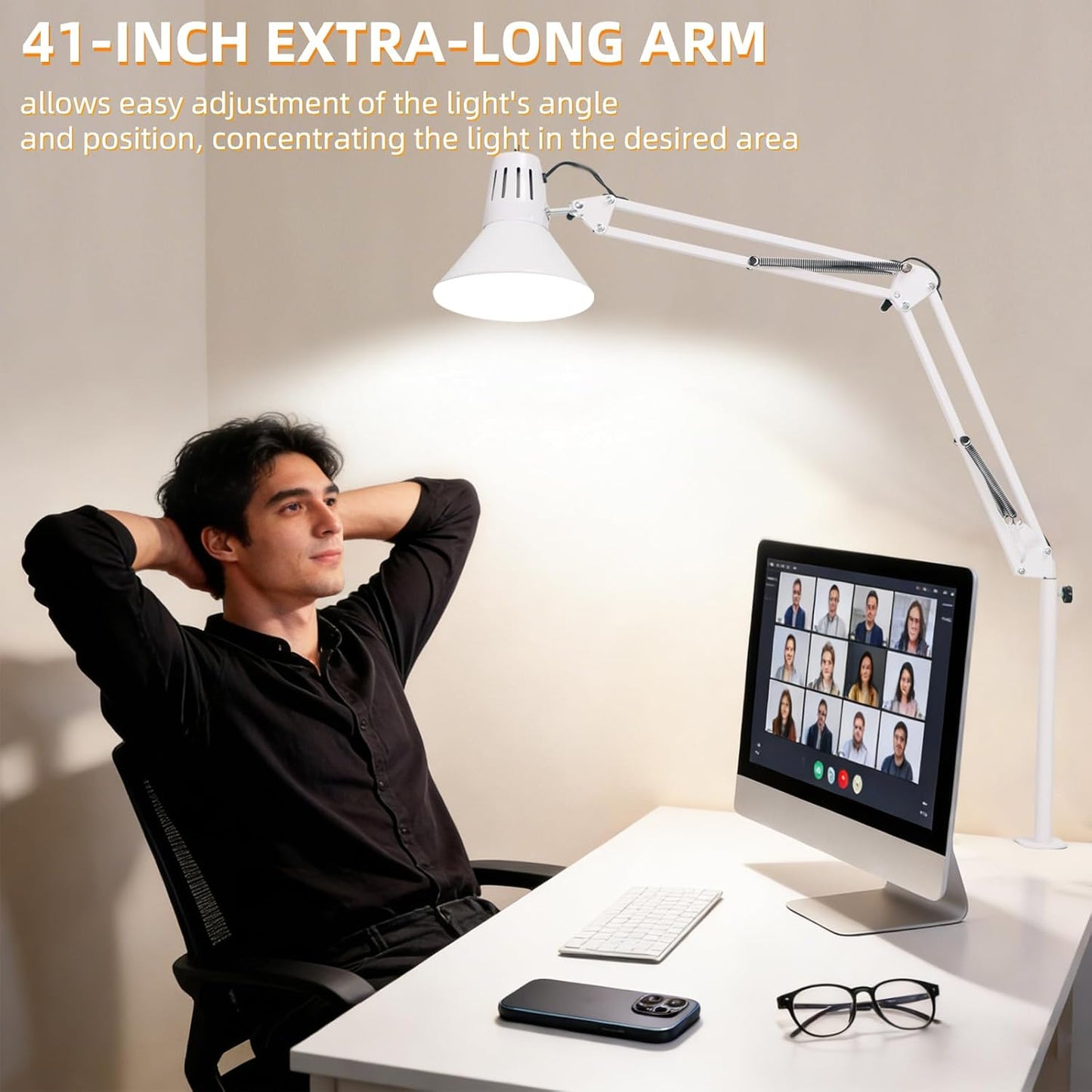 Desk Lamp With Clamp for Home Office, Eye-Caring Clip on Light with Adjustable Extra Tall Metal Swing Arm, High Intensity Clamp Lamp w/LED Bulb, Architect Task Table Lamps for Study, Workbench-B/5000k