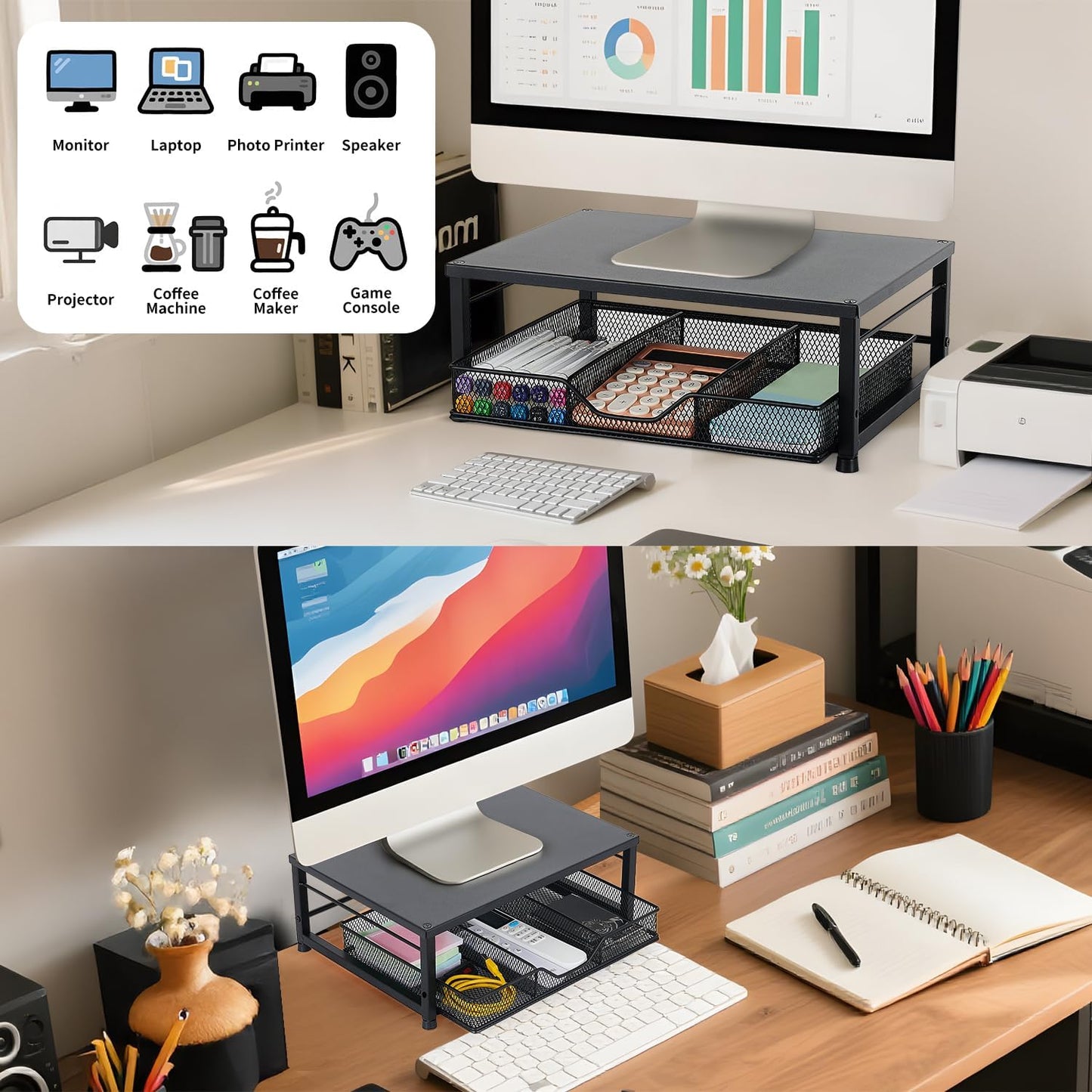 Wood Metal Monitor Stand Riser, Laptop Stand for Desk, Office Desk Organizer and Accessories, Computer Desktop Shelf with Drawer and Pen Holder, Printer Stand for Home, Office, Dorm (Natural Wood)
