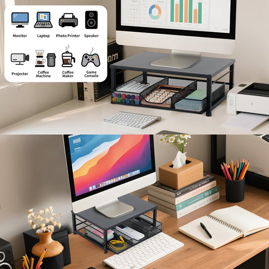 Wood Metal Monitor Stand Riser, Laptop Stand for Desk, Office Desk Organizer and Accessories, Computer Desktop Shelf with Drawer and Pen Holder, Printer Stand for Home, Office, Dorm (Natural Wood)