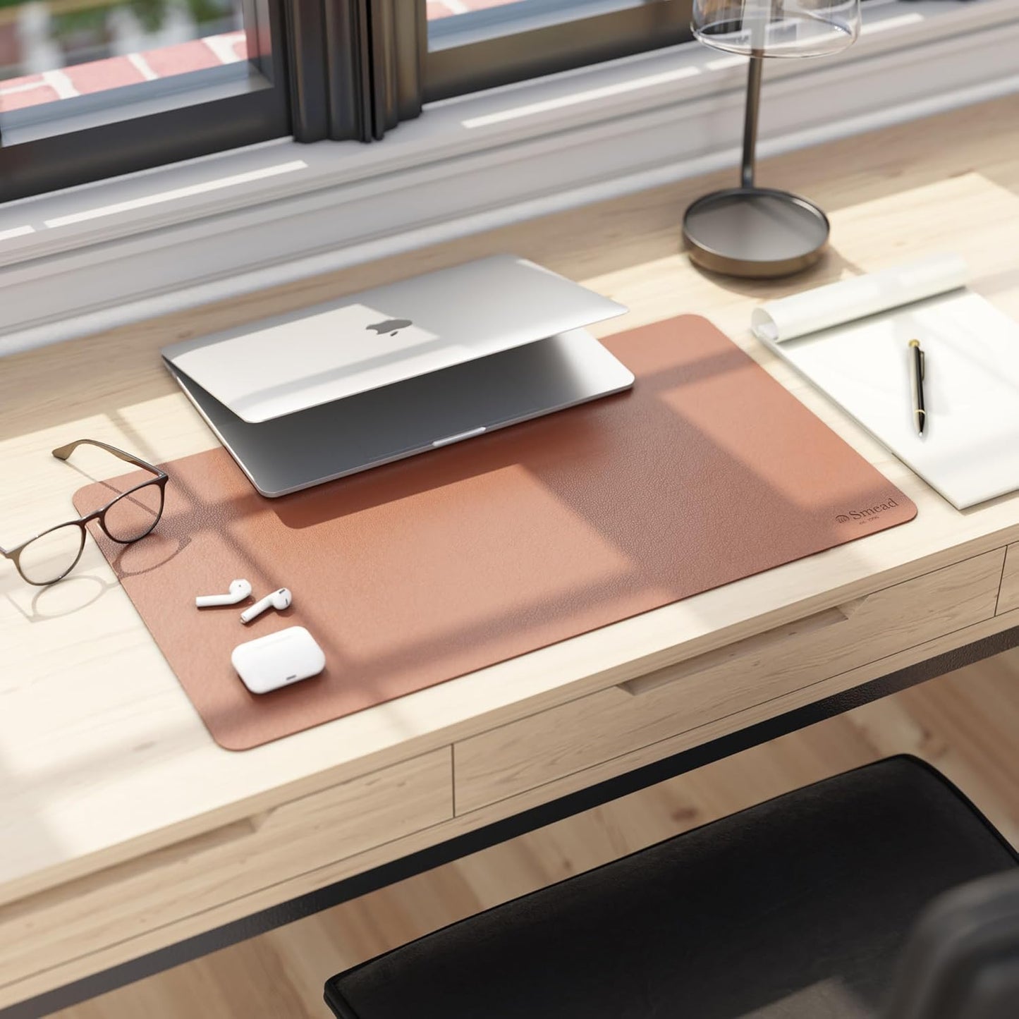 Smead Desk Pad, Vegan Leather Desk Mat with Non-Slip Faux Suede Backing, Perfect Desk Organizer for Office Decor, 31.5” x 15.7” Medium, Sandstone (64831)
