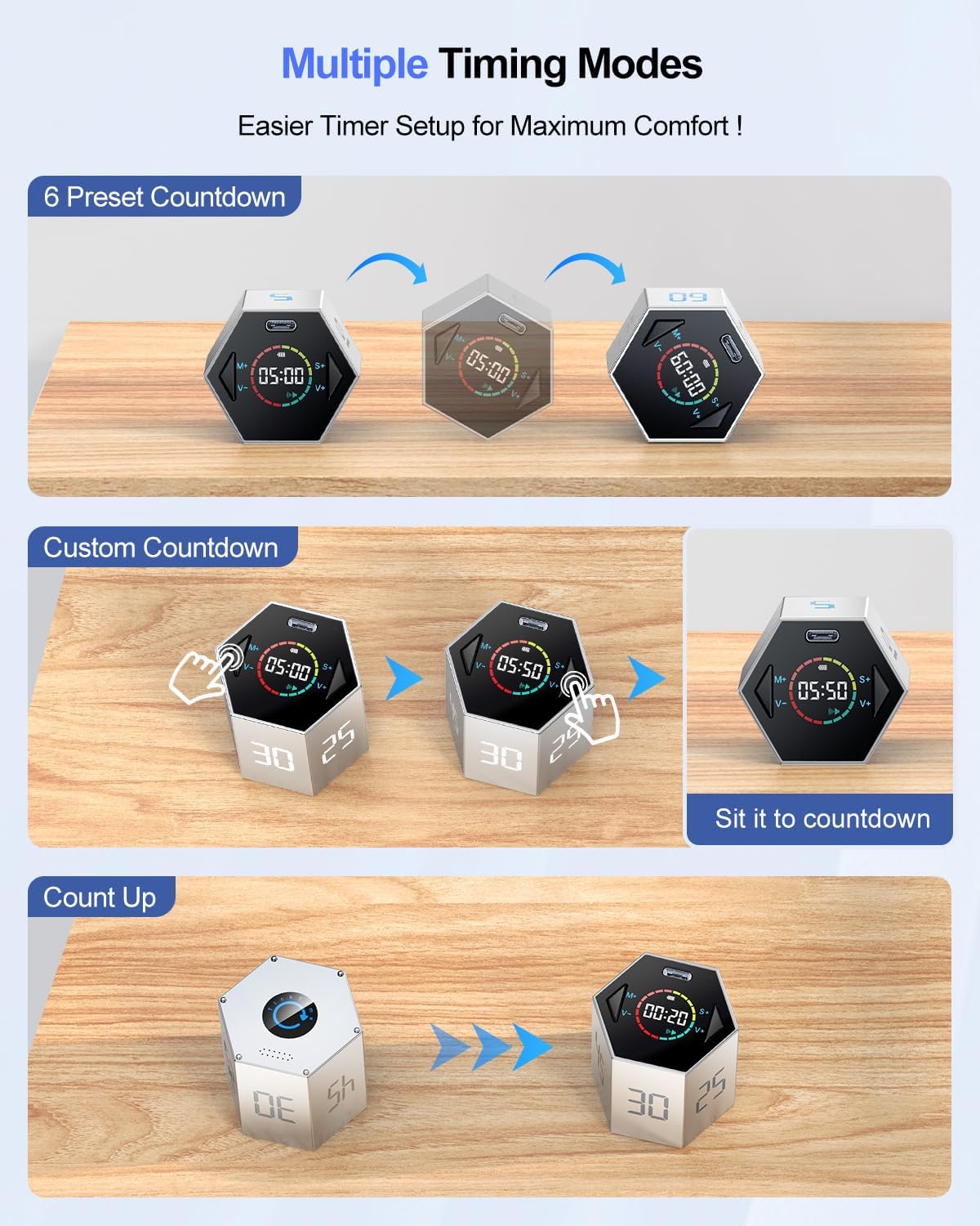 Ticktime Pomodoro Timer, Productivity Timer Cube, 3/5/10/15/25/30 Min Presets, Custom Countdown & Stopwatch 1s–99m59s, Sound/Vibration/Silent, Magnetic, Rechargeable, for ADHD Study Work, Gray
