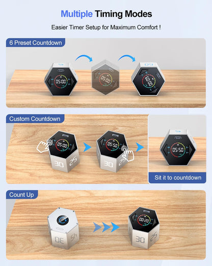 Ticktime Pomodoro Timer, Productivity Timer Cube, 3/5/10/15/25/30 Min Presets, Custom Countdown & Stopwatch 1s–99m59s, Sound/Vibration/Silent, Magnetic, Rechargeable, for ADHD Study Work, Gray