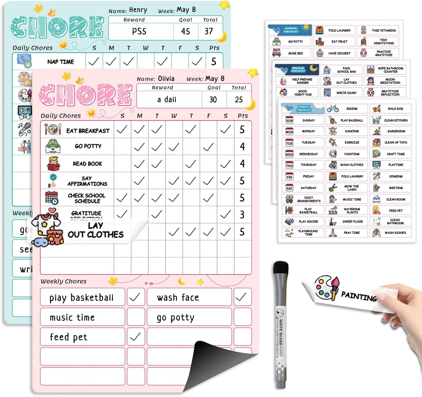 Upgraded Slider Dry Erase Chore Chart for Kids, Whiteboard Magnetic Chore Chart for 2 Kids, Reusable Morning/Bedtime Routine Chart for Kid Toddlers Teens Adult, Visual Schedule for Kid with Autism