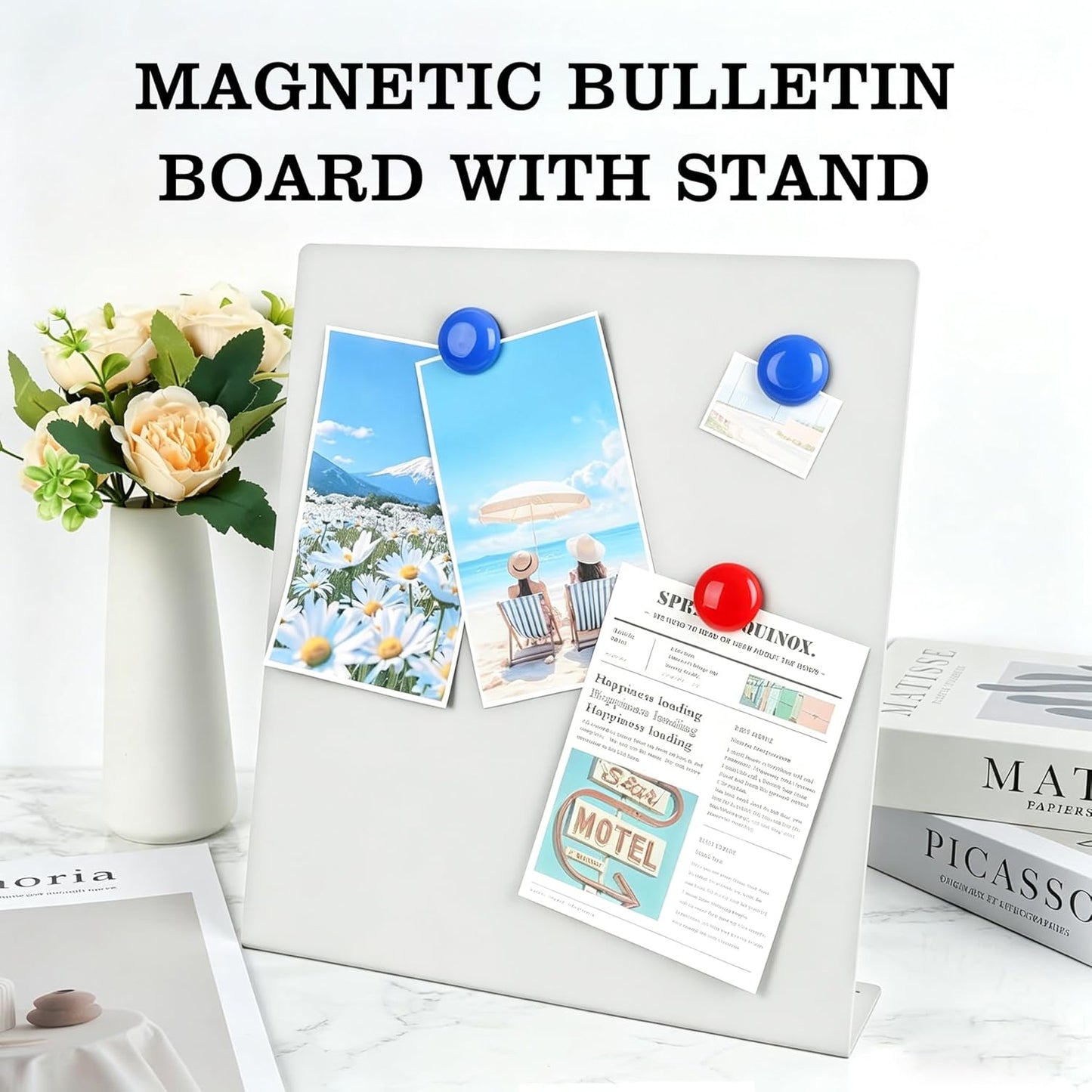 2 Pack Magnetic Bulletin Board with Stand, Magnetic Board, Magnet Board, Metal Tabletops Memo Photos/Souvenir Display Board Magnet Desk Display Stand for Home School Office Kitchen Decoration
