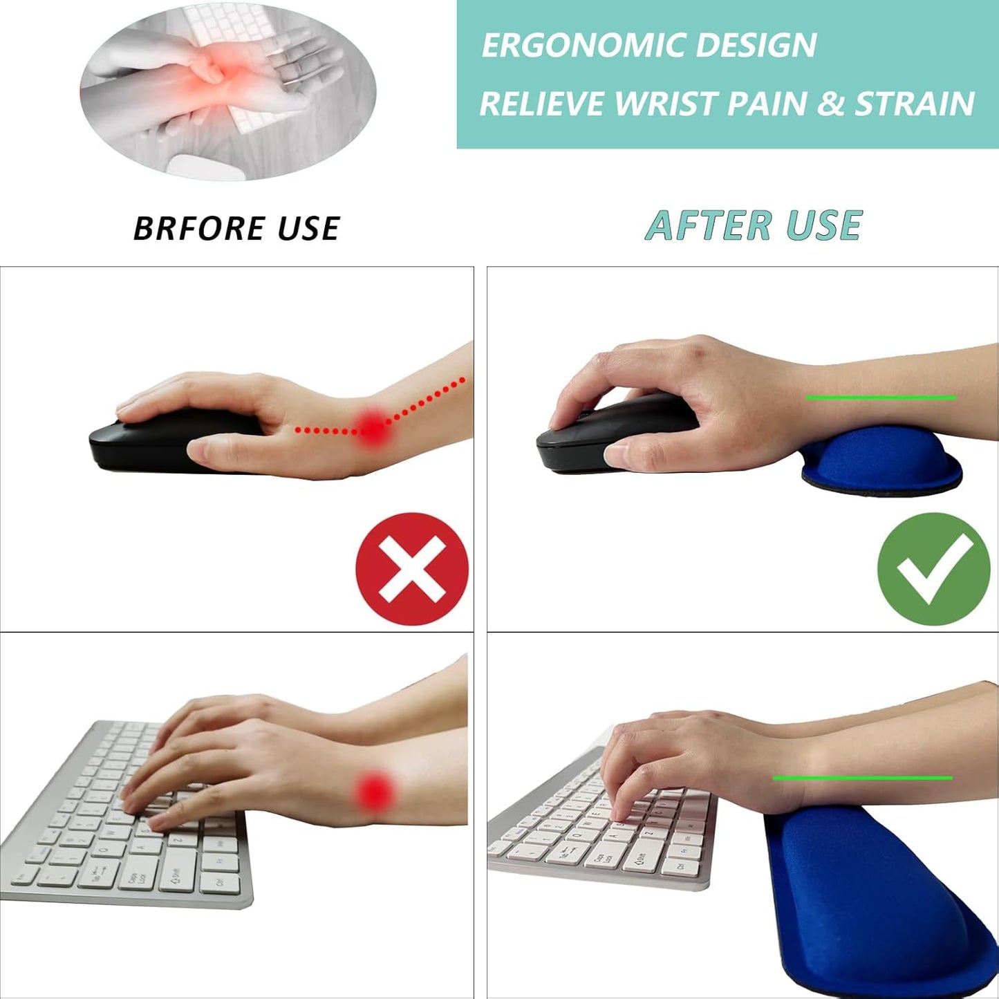 Keyboard Wrist Rest Mouse Wrist Support Set, Memory Foam Wrist Rest Pad for Computer Laptop Keyboard Mouse, Ergonomic Wrist Cushion Support for Typing Pain Relief, Gaming Home Office, Flowers Grass