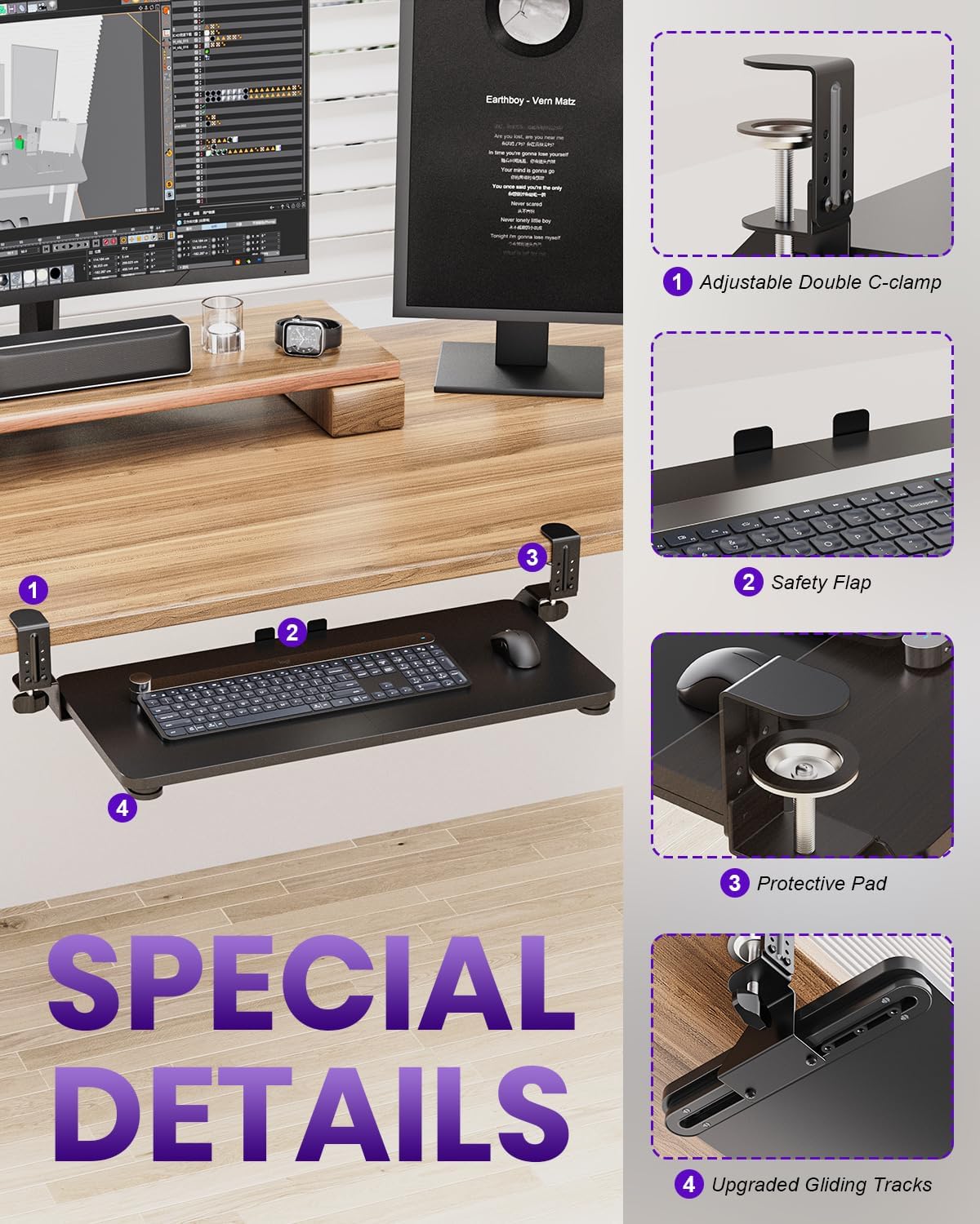 Ergonomic Mouse & Keyboard Tray Under Desk, Pull Out with Adjustable C-clamp, 20 (25.9 Including Clamps) x 11.8 Inch Slide Out Computer Keyboard Drawer Mouse Tray for Typing, Rustic Brown