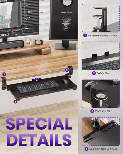 Ergonomic Mouse & Keyboard Tray Under Desk, Pull Out with Adjustable C-clamp, 20 (25.9 Including Clamps) x 11.8 Inch Slide Out Computer Keyboard Drawer Mouse Tray for Typing, Rustic Brown