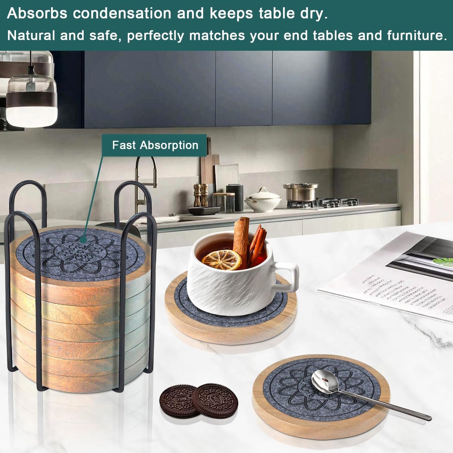 Wood Coasters for Drinks, Minacun Absorbent Coaster Sets of 5, Drinks Coasters for Coffee Tabletop Protection, Non-Slip, Non-Stick, Suitable for Kinds of Cups Wooden Table Drink, 4.3 Inches Black
