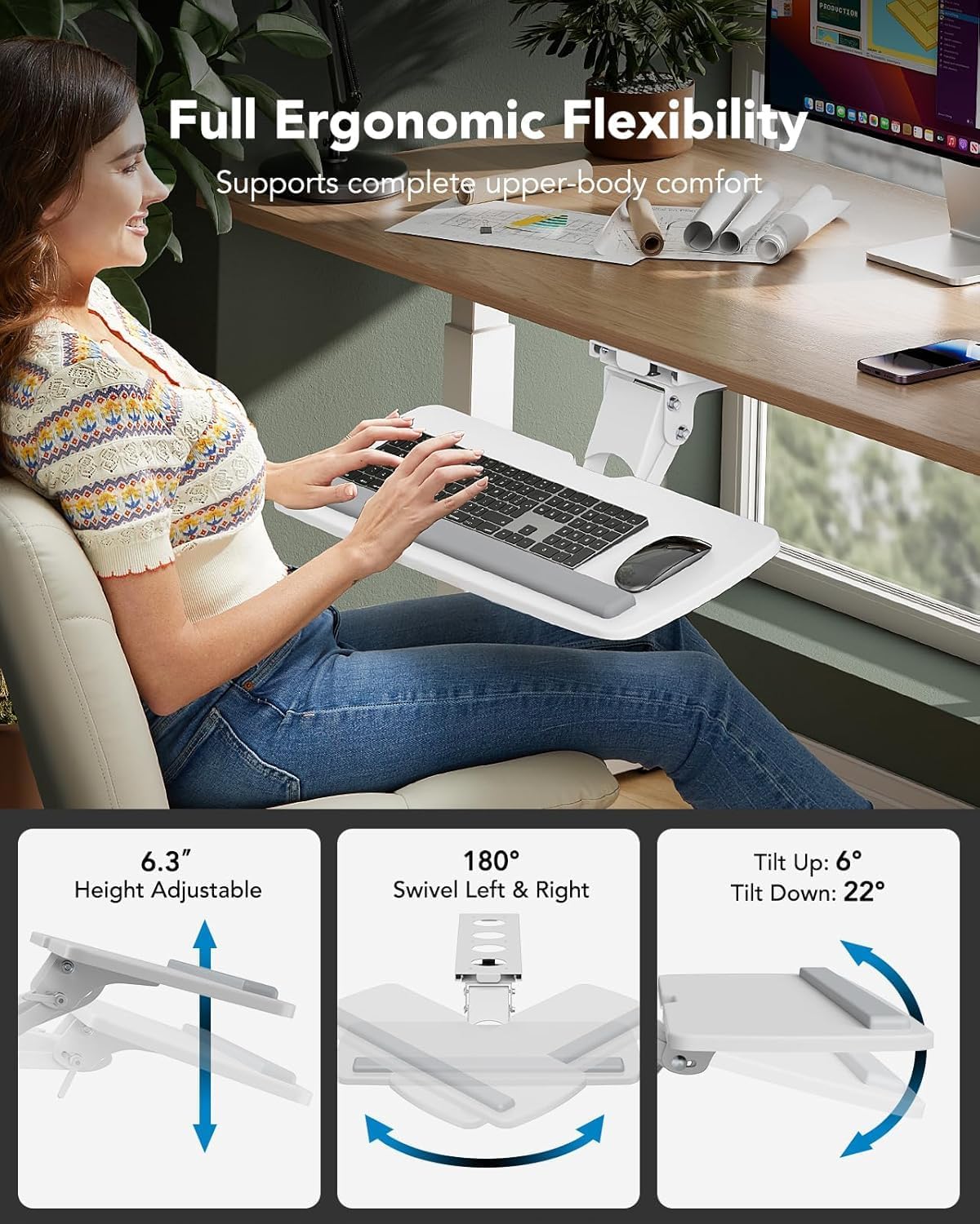 HUANUO Keyboard Tray Under Desk, 360 Adjustable Ergonomic Sliding Keyboard & Mouse Tray, Under Desk Keyboard Tray Slide Out, Keyboard Holder Under Desk for Typing in Home, Office Work, 25"W x 9.84"D