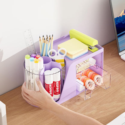 Marbrasse Desk Organizer with 2 Drawer, 360°Rotating Pen Holder, Desk Organizers and Accessories with 6 Slots Pencil Holder + 2 Drawer, Art Supply Storage Box Caddy for Office (Black)