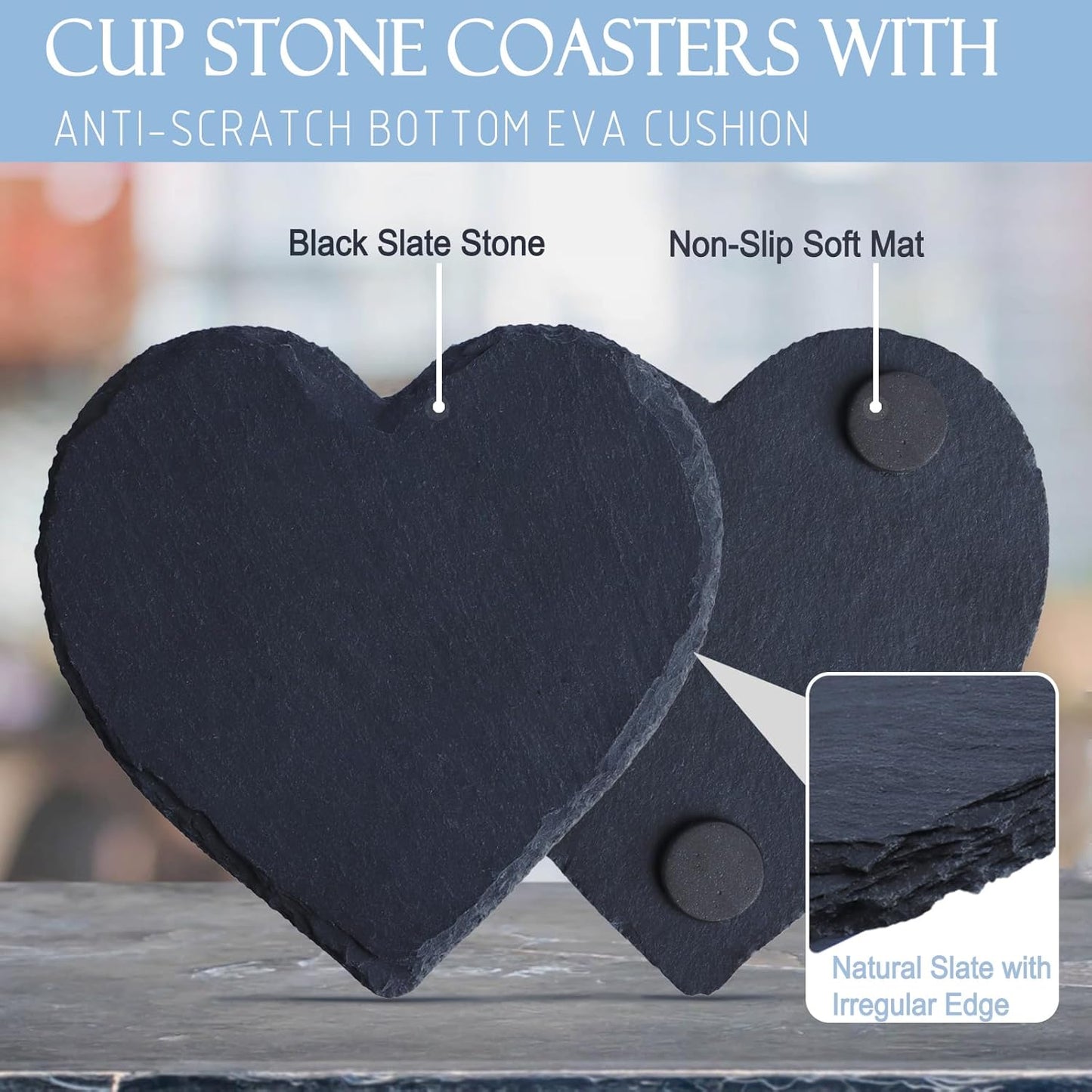 Black Nature Stone Round Coasters Set of 2, Cup Coasters Absorbent Anti-Scratch, Furniture Table Desk Drink Coaster for Office Bar Kitchen Home, Stylish Décor Protects Wood & Glass Surfaces (2 Pack)