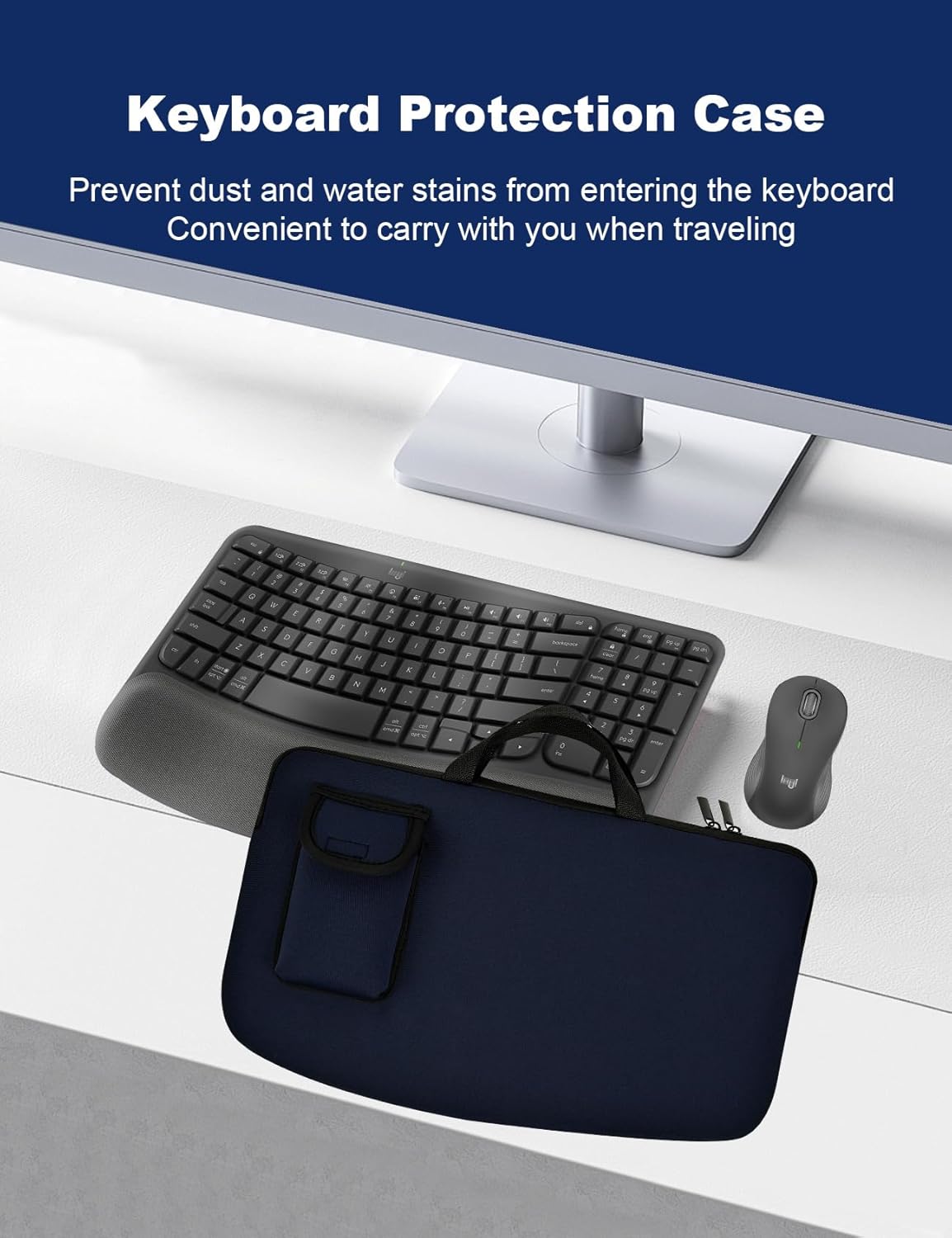 Portable Keyboard Travel Bag Shockproof Waterproof Dustproof Protective Neoprene Sleeve Compatible with Logitech Wave Keys Wavy Keyboard MK670 /Wireless Ergonomic Keyboards Mouse Combo (Black)