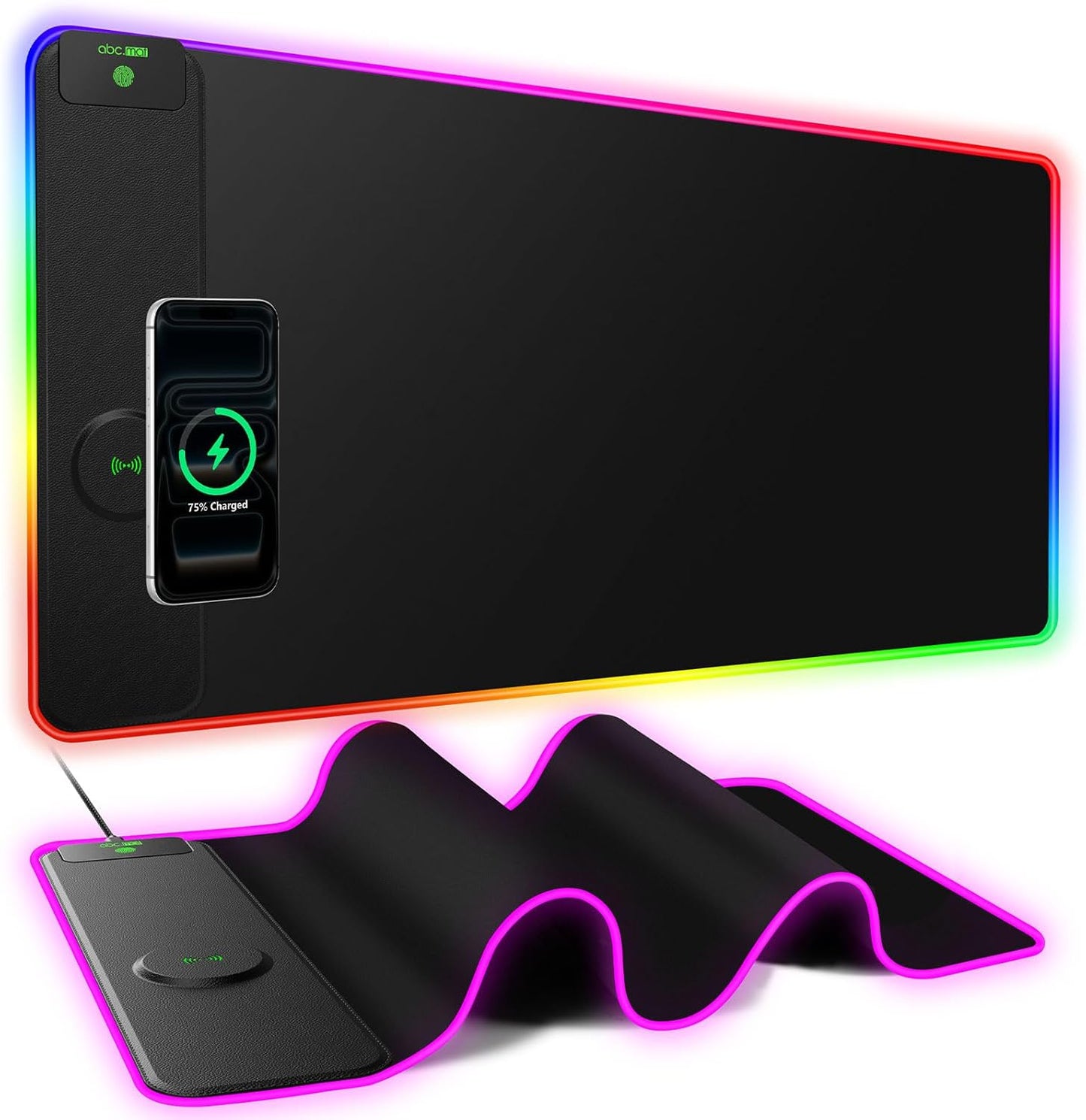 Wireless Charging Mouse Pad with Foldable Phone Holder, 31.5"x15.8" Large Desk Mat for Laptop/Keyboard, Waterproof Ultra-Smooth Surface, Non-Slip Base, Black