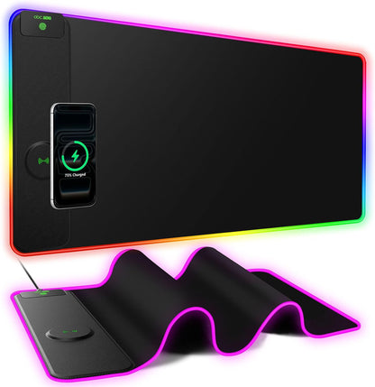 Wireless Charging Mouse Pad with Foldable Phone Holder, 31.5"x15.8" Large Desk Mat for Laptop/Keyboard, Waterproof Ultra-Smooth Surface, Non-Slip Base, Black