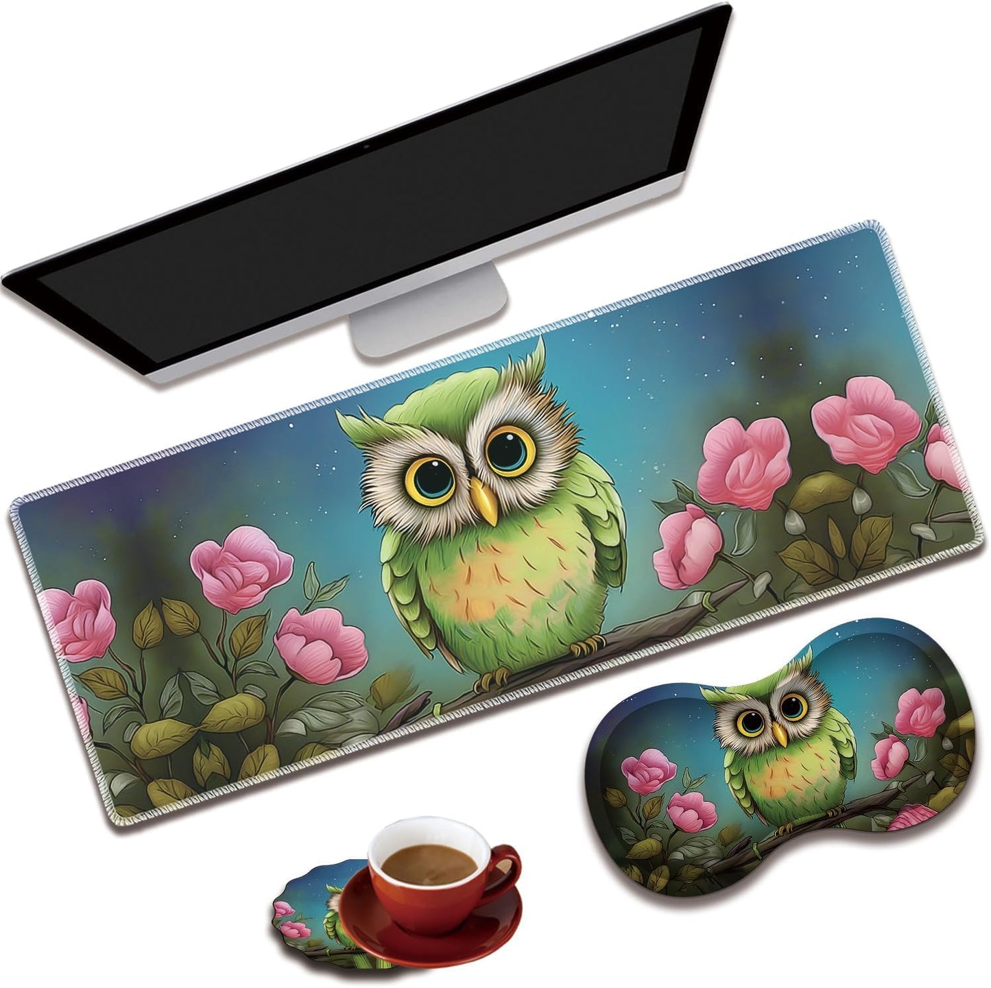 Mouse Wrist Rest and Keyboard Wrist Rest Pad Set, Non-Slip Rubber Base Smooth Surface Ergonomic Gaming Mouse Pad for Easy Typing and Pain Relief, Antique Blue Wood Grain Dog Paw + Coaster