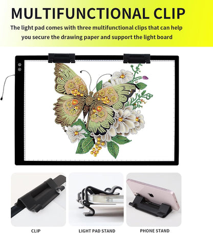 YINGWOND Rechargeable A4 LED Light Pad with Padded Case, Tracing Light Box w/Riser Stands and Paper Clip, 6 Levels of Brightness, Type-c Cable, Wireless Diamond Painting Light Board