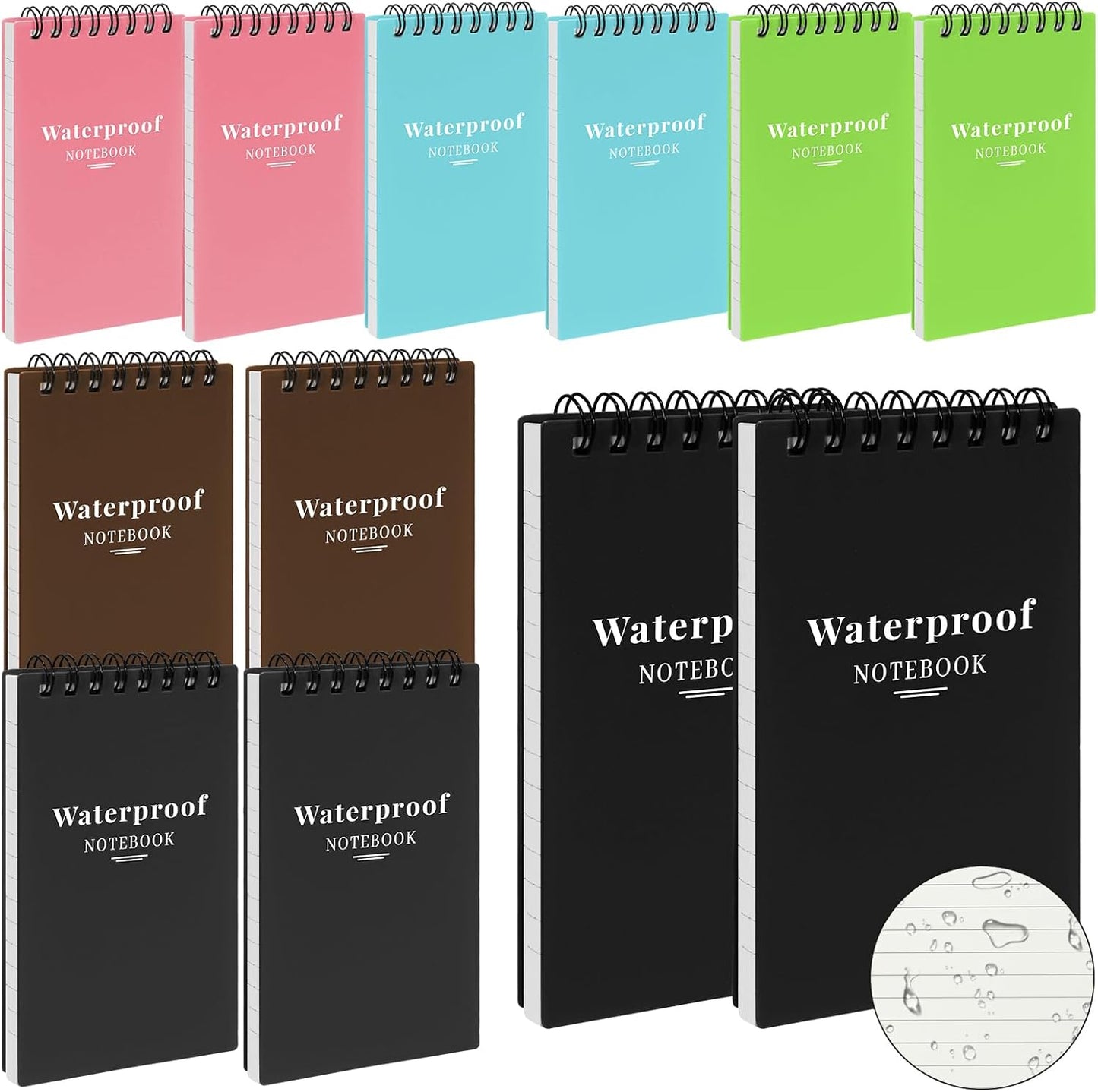 wavamawa 6 Pack Waterproof Pocket Notebooks, 3x5 Small Notepads, Mini Top Spiral Notebook, Lined College Ruled Paper, Tiny Memo Pads for Home, Office, Work, School, or Travel