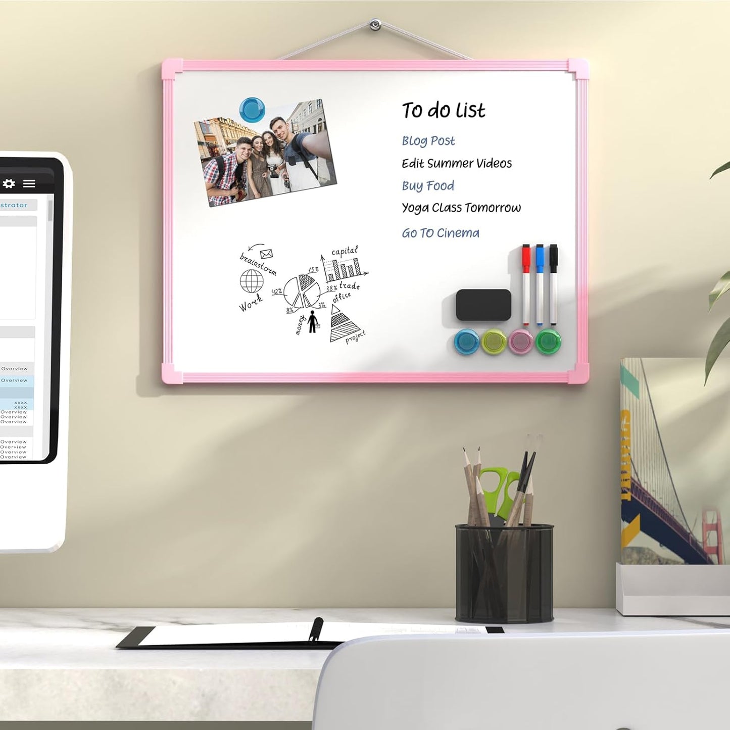 MaxGear Double-Sided Dry Erase Board for Wall, 16"x12" Hanging Whiteboard, Small Dry Erase White Board with 3 Markers and 4 Magnets, Portable Whiteboard for Planning, Drawing, Memo, to Do List
