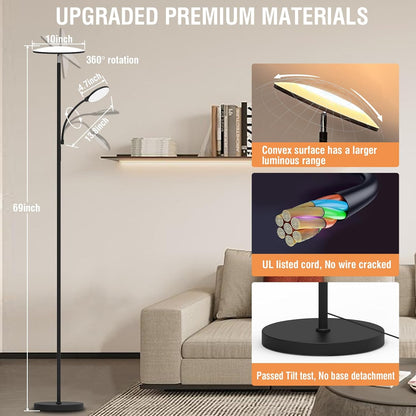 marctronic Floor Lamps for Living Room, 44W/4500LM Super Bright 2 in 1 LED Floor Lamp with Remote, Stepless Dimmable, 69" Tall Standing Floor Lamp with Bendable Reading Light for Bedroom Office