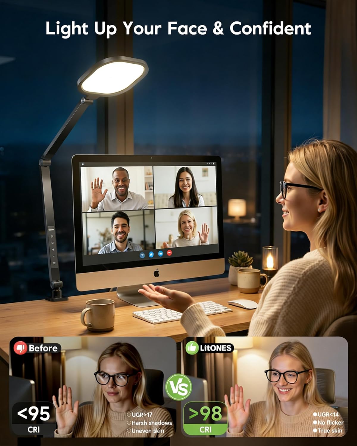 Desk Lamps for Home Office, 2000LM Eye-Caring Desk Light with Clamp, Dimmable Zoom Lighting with 3 Colors & 10 Brightness, Remote Computer Ring Light for Video Calls,Conference, Reading, CRI>97.8