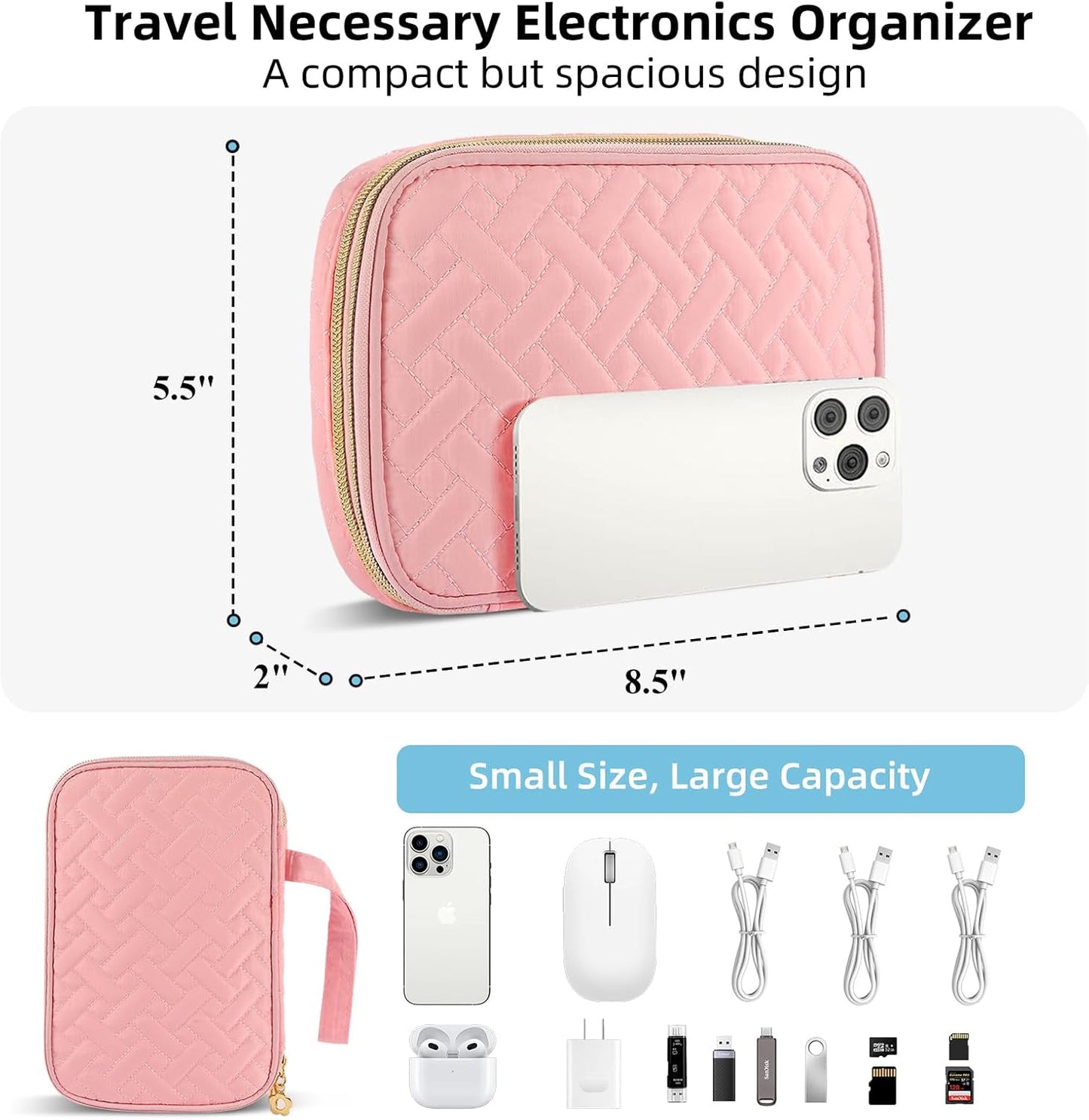 Electronics Organizer Travel Case, Charger Bag Cord Organizer Travel, Compact Tech Pouch Cable Organizer Bag for Charger, Cords, Phone, Headphones, Flash Drive, SD Card (Pink, Small-Double Layer)