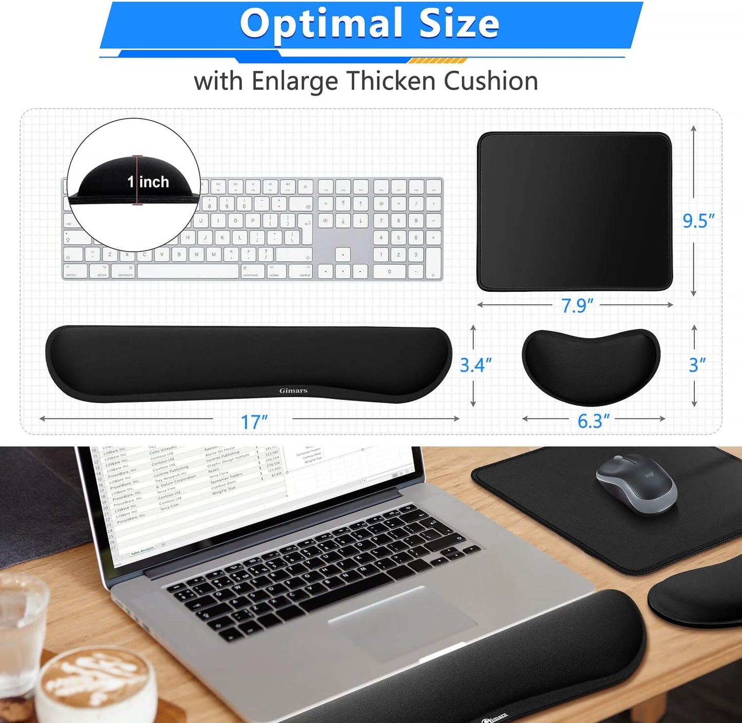 Gimars Upgrade Enlarge Silky and Superfine Fabric Gel Memory Foam Keyboard Wrist Rest Set, Ergonomic Keyboard Mouse Wrist Support for Typing Pain Relief, Comfort for Office, Gaming, Computer, Black