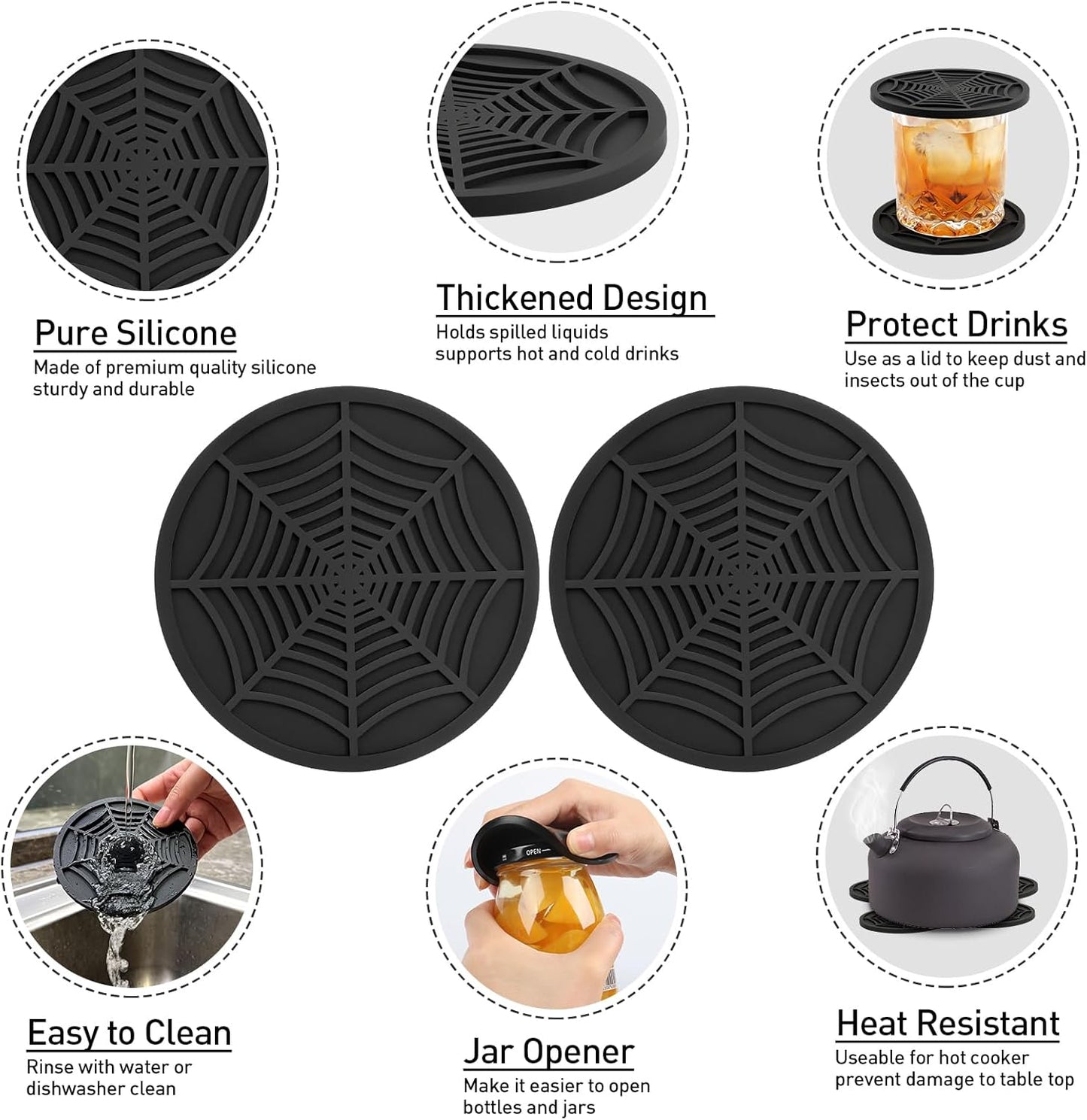 2 Pack Silicone Coasters for Drinks, Round Black Coaster with Deep Tray Grooved Design Cup Mat, Washable Heat Resistant Durable Non-Slip Coasters for Coffee Table Wooden Desk Kitchen Bar