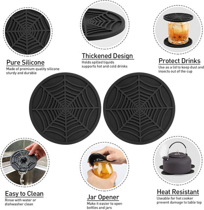 2 Pack Silicone Coasters for Drinks, Round Black Coaster with Deep Tray Grooved Design Cup Mat, Washable Heat Resistant Durable Non-Slip Coasters for Coffee Table Wooden Desk Kitchen Bar