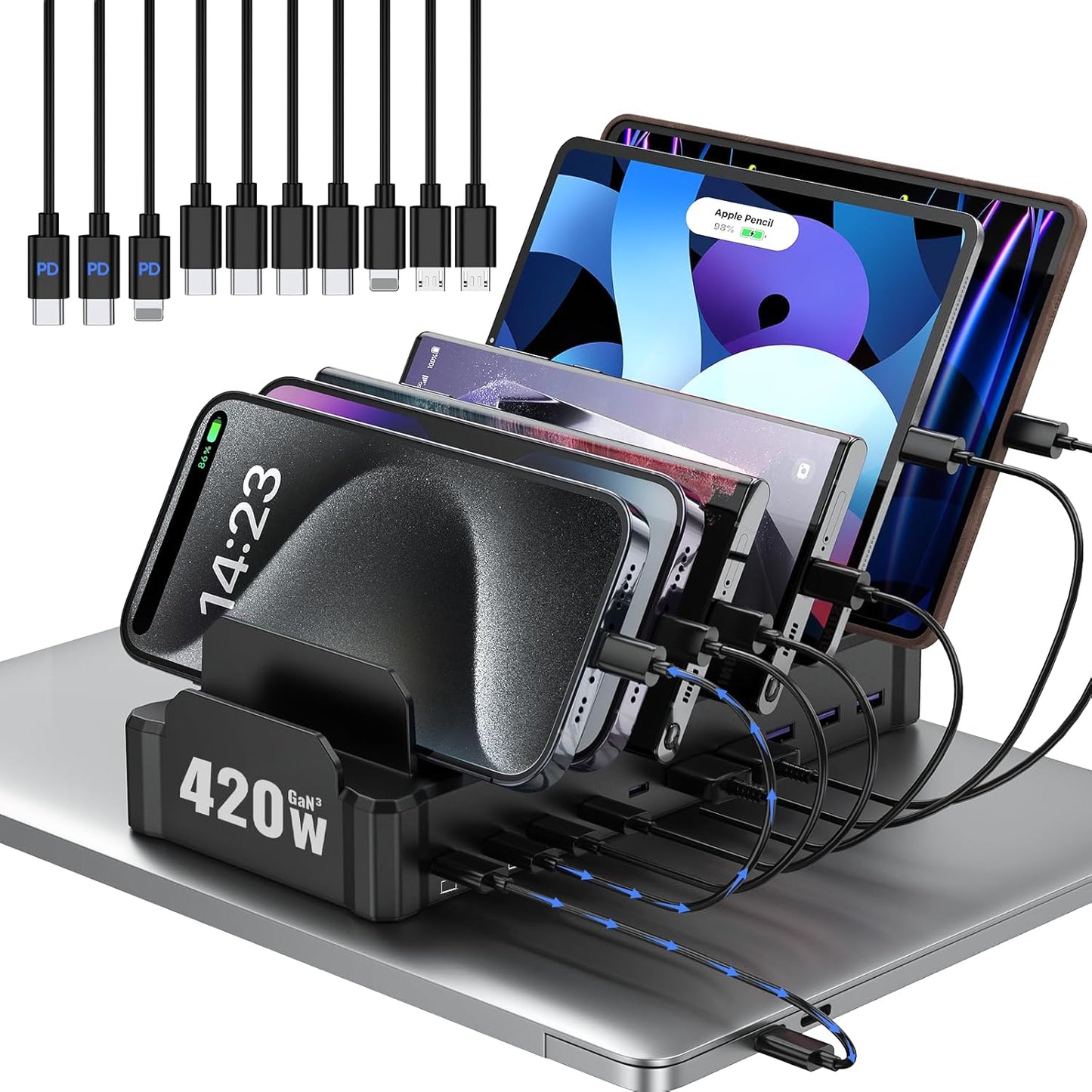 420W Charging Station for Multiple Devices, Zobirez 10-Port USB C Fast Charger Stations for MacBook, iPhone, Android Cell Phone, iPad, Tablet, Family Multi-Device Organizer Charging Dock, White