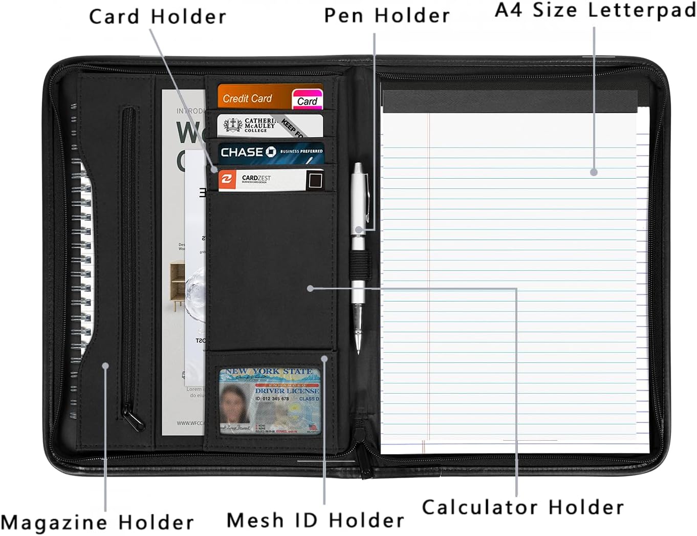 Zippered Portfolio Organizer/ A4 Refillable Lined Writing Notepad Folder Case/Fabric-Covered Padfolio Binder with Interior Storage Pocket for Men Women.Classic Black