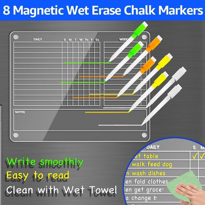 PigPotParty Acrylic Magnetic to Do List Whiteboard for Refrigerator, 12x9.5 Inch Clear Dry Erase Checklist Board, 3-Column Fridge List with Pre-Installed Embedded Magnet, 8 Markers and 1 Towel