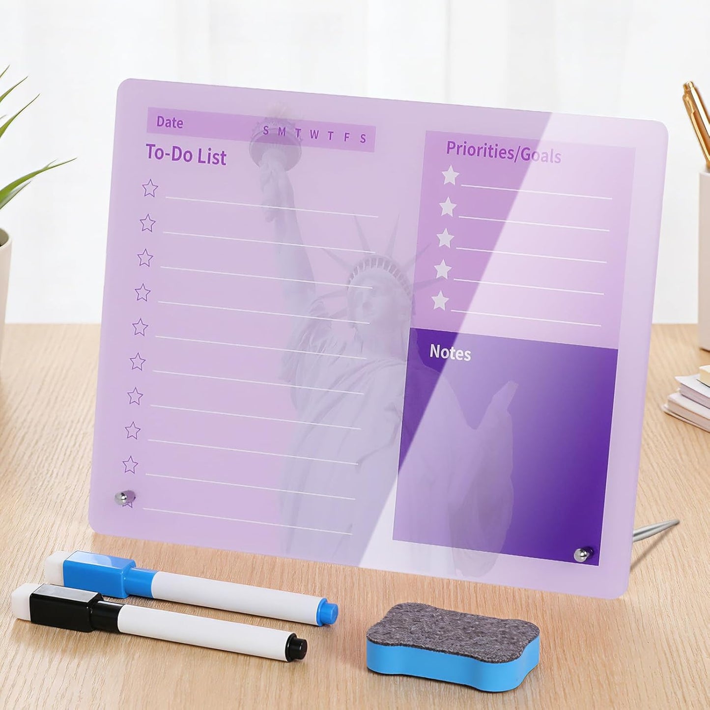 LeMotech Desktop Acrylic Dry Erase Board, 12x10 inches to-Do List Planner, Tabletop Whiteboard with Stand Office Supplies Includes 2 Markers & 1 Eraser, Pink Rose Pattern, 1 Pack